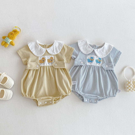 半袖ロンパース ひつじ刺繍丸襟ボーダー半袖ロンパース【mh0009759】