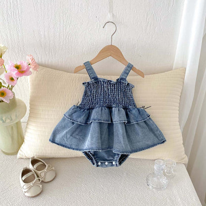 ノースリーブロンパース デニムシャーリングスカートドッキングキャミソールロンパース【mh0009760】