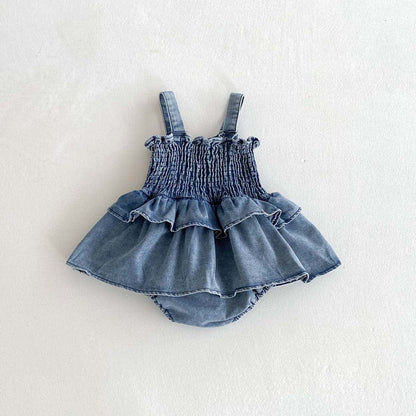 ノースリーブロンパース デニムシャーリングスカートドッキングキャミソールロンパース【mh0009760】