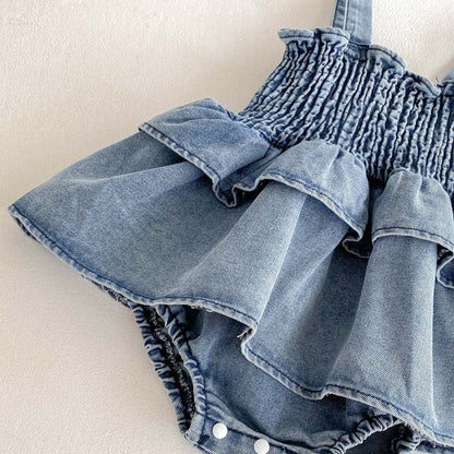 ノースリーブロンパース デニムシャーリングスカートドッキングキャミソールロンパース【mh0009760】