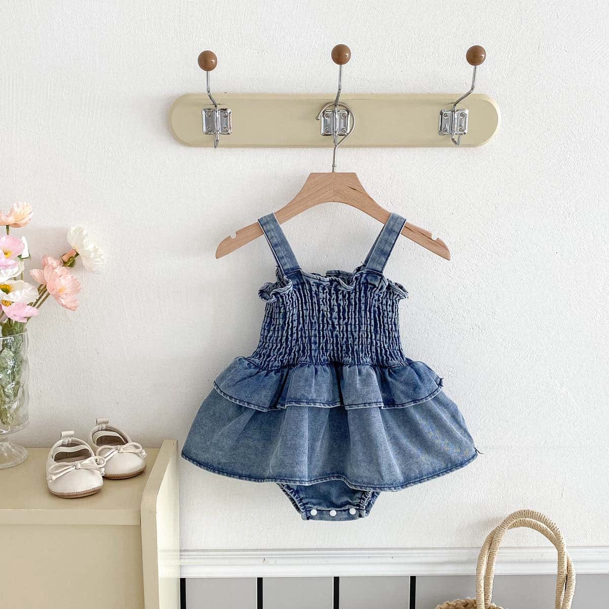 ノースリーブロンパース デニムシャーリングスカートドッキングキャミソールロンパース【mh0009760】