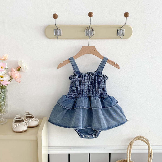 ノースリーブロンパース デニムシャーリングスカートドッキングキャミソールロンパース【mh0009760】