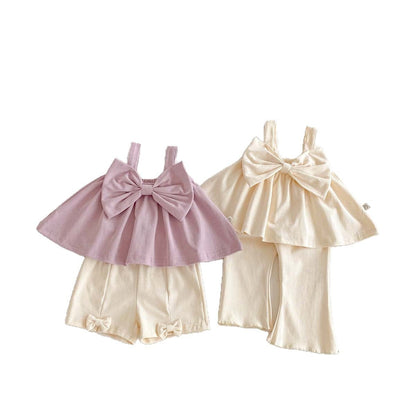 ノースリーブセットアップ ビッグリボンキャミソールトップス/リボンショートパンツ/フレアロングパンツ【mh0009761】