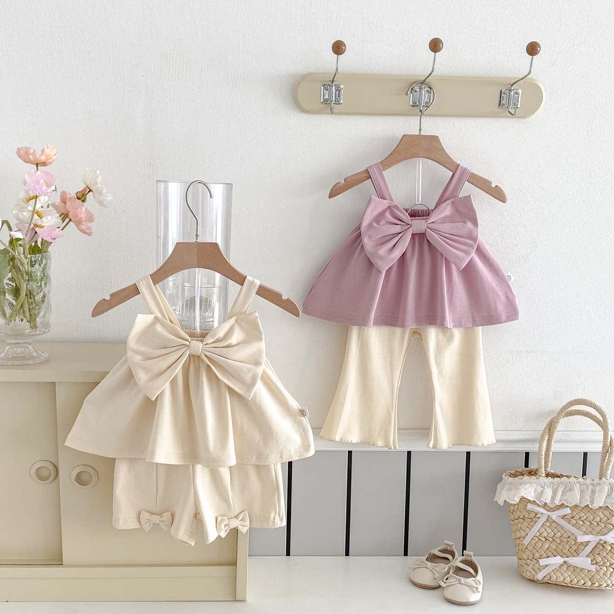 ノースリーブセットアップ ビッグリボンキャミソールトップス/リボンショートパンツ/フレアロングパンツ【mh0009761】