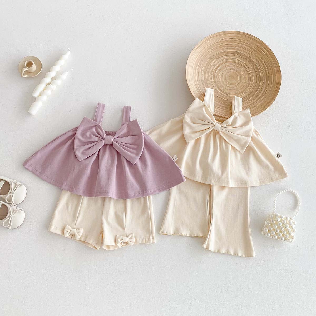 ノースリーブセットアップ ビッグリボンキャミソールトップス/リボンショートパンツ/フレアロングパンツ【mh0009761】