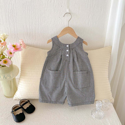 ノースリーブジャンプスーツ コットンリネンチェックノースリーブジャンプスーツ【mh0009763】