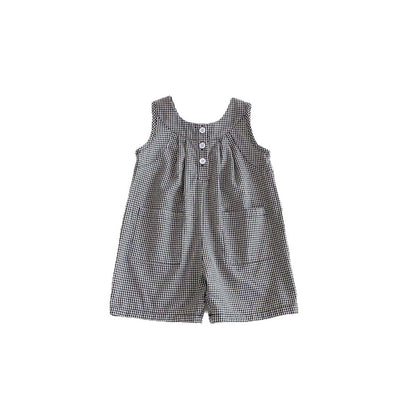 ノースリーブジャンプスーツ コットンリネンチェックノースリーブジャンプスーツ【mh0009763】