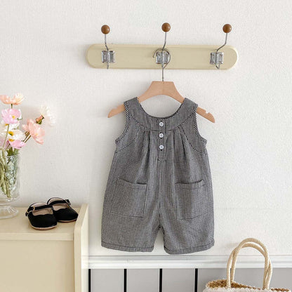 ノースリーブジャンプスーツ コットンリネンチェックノースリーブジャンプスーツ【mh0009763】
