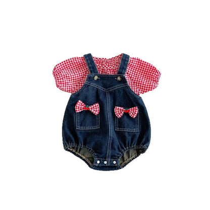 ロンパースセットアップ チェック半袖スモックブラウス/リボンデニムサスペンダーロンパース【mh0009764】