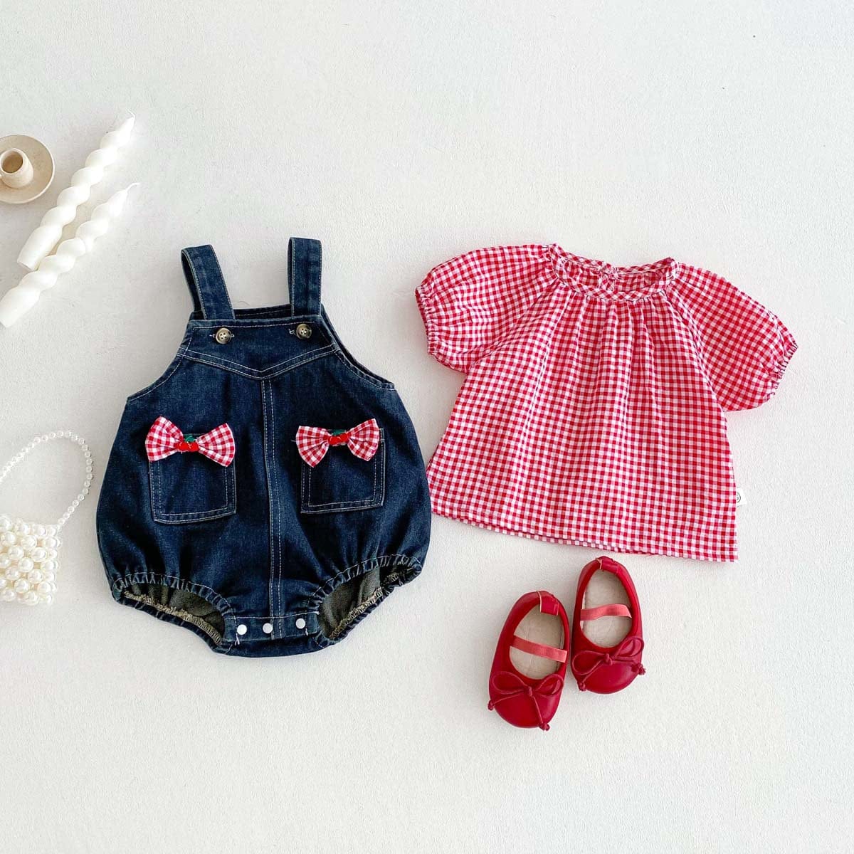 ロンパースセットアップ チェック半袖スモックブラウス/リボンデニムサスペンダーロンパース【mh0009764】