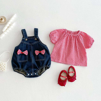 ロンパースセットアップ チェック半袖スモックブラウス/リボンデニムサスペンダーロンパース【mh0009764】