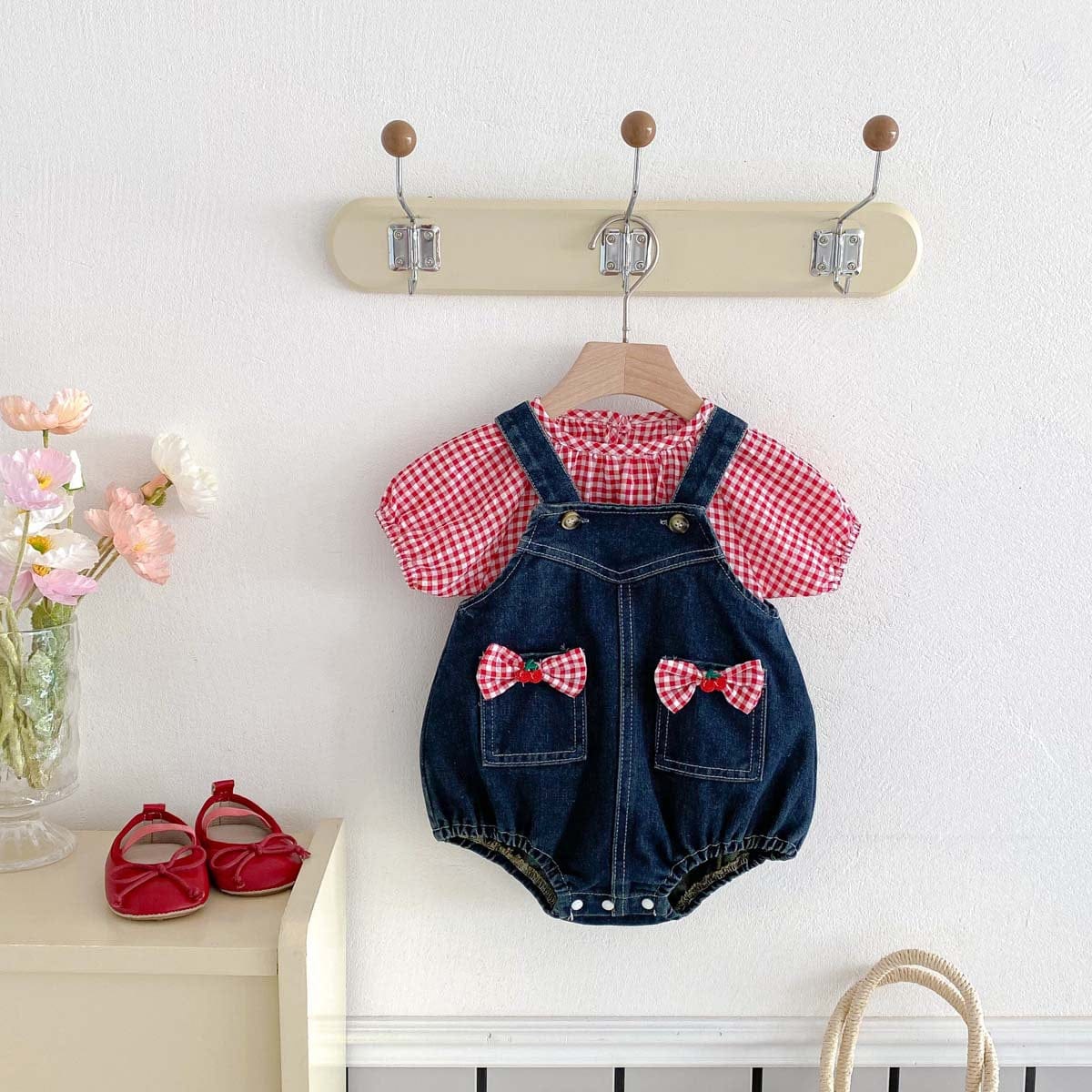ロンパースセットアップ チェック半袖スモックブラウス/リボンデニムサスペンダーロンパース【mh0009764】