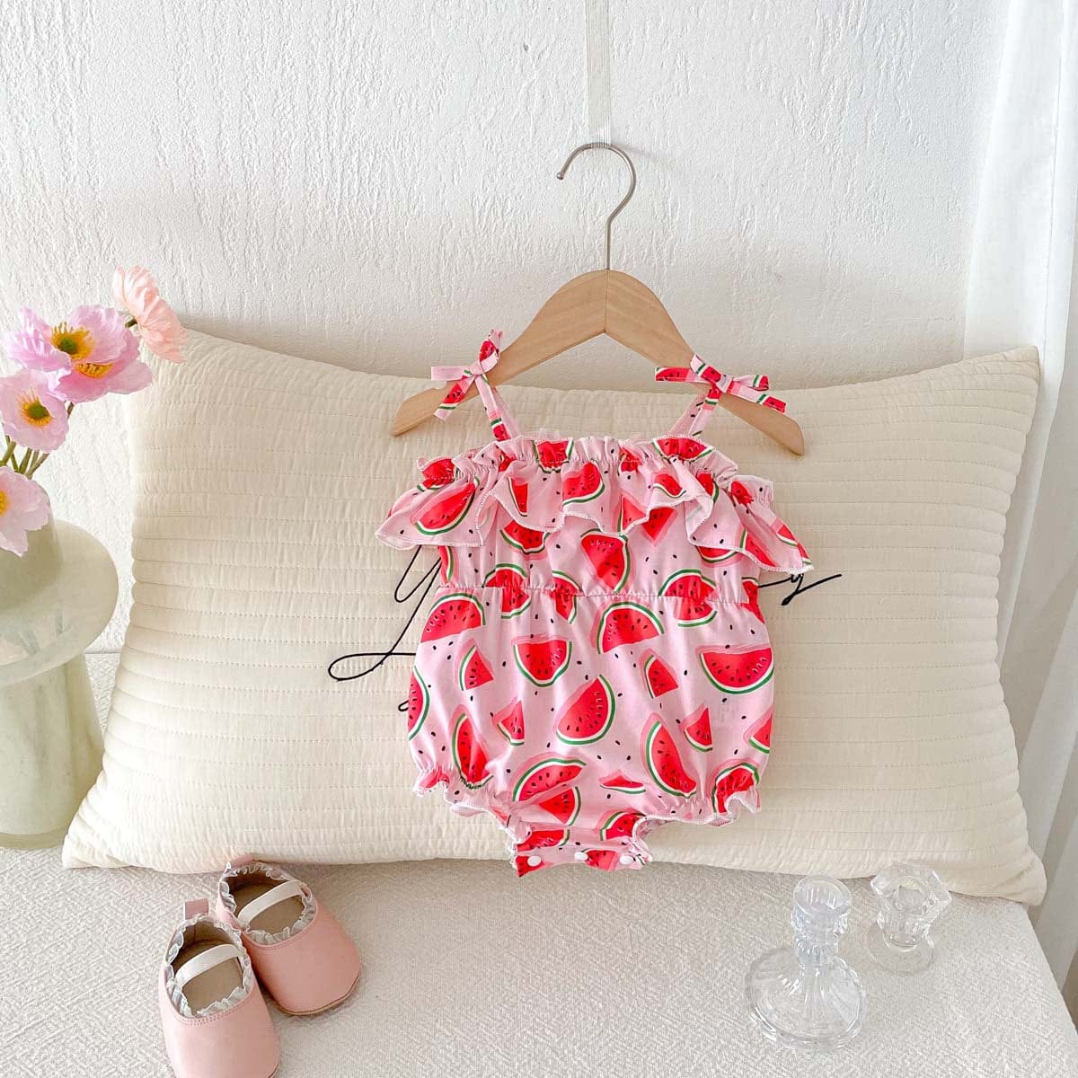 ノースリーブロンパース スイカプリントフリルキャミソールロンパース【mh0009767】