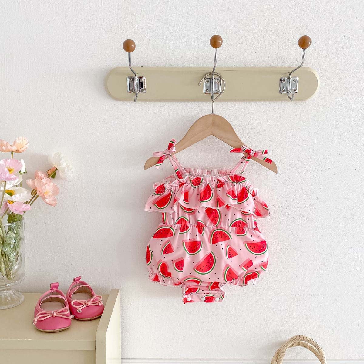 ノースリーブロンパース スイカプリントフリルキャミソールロンパース【mh0009767】