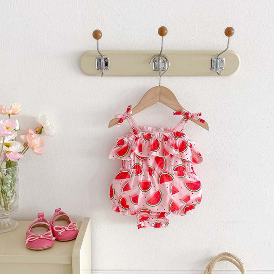 ノースリーブロンパース スイカプリントフリルキャミソールロンパース【mh0009767】