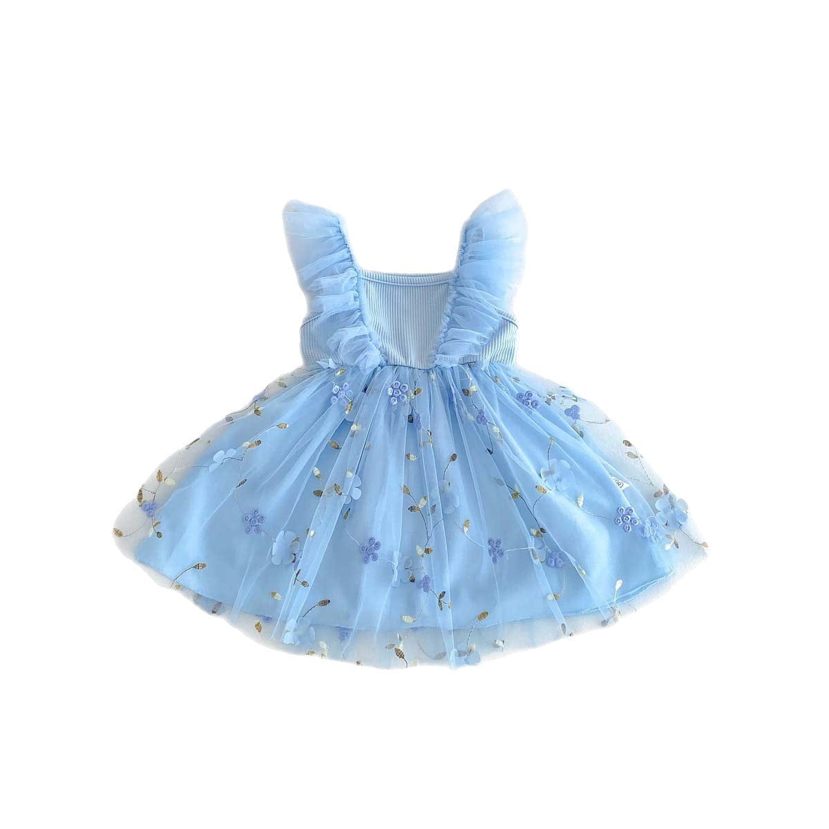 ノースリーブワンピース フラワー刺繍チュールスカートバタフライスリーブドレスワンピース【mh0009769】