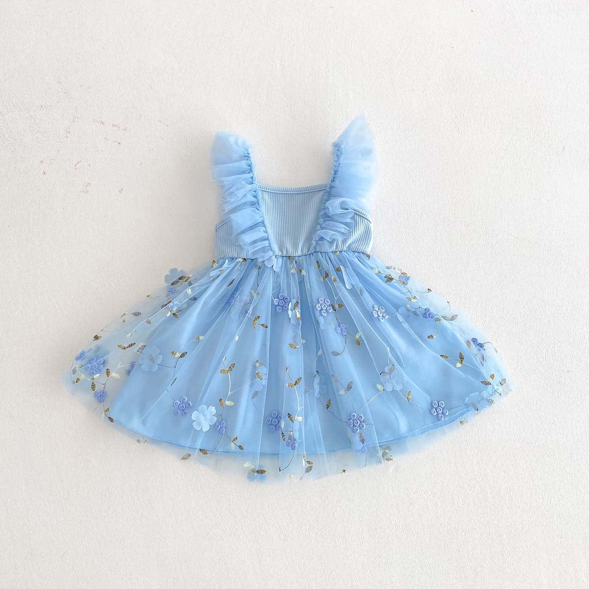 ノースリーブワンピース フラワー刺繍チュールスカートバタフライスリーブドレスワンピース【mh0009769】