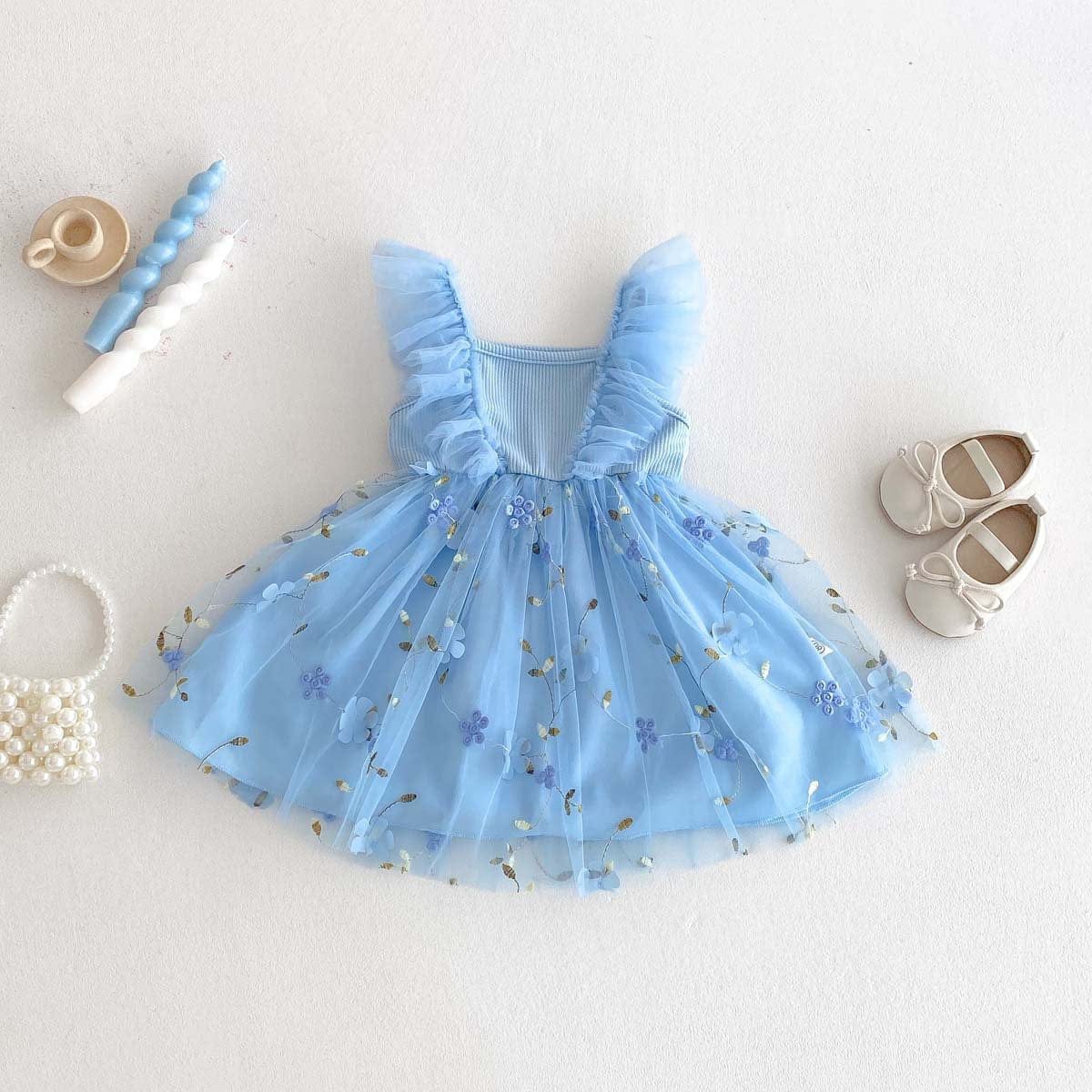 ノースリーブワンピース フラワー刺繍チュールスカートバタフライスリーブドレスワンピース【mh0009769】