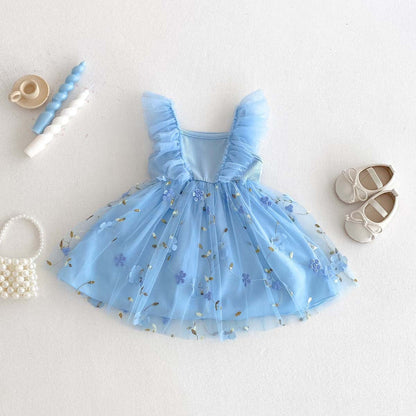 ノースリーブワンピース フラワー刺繍チュールスカートバタフライスリーブドレスワンピース【mh0009769】