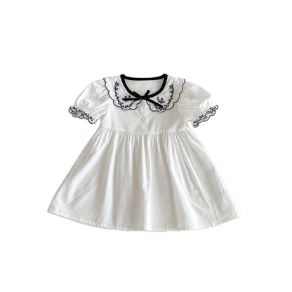 半袖ワンピース フラワー刺繍襟リボン半袖パフスリーブワンピース【mh0009771】