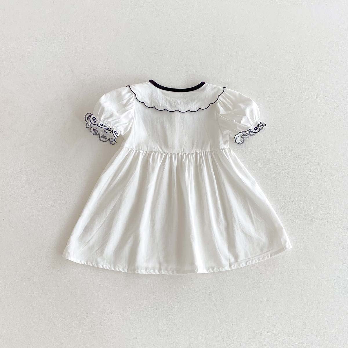 半袖ワンピース フラワー刺繍襟リボン半袖パフスリーブワンピース【mh0009771】