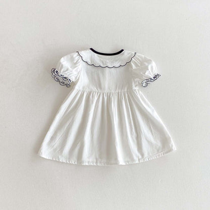 半袖ワンピース フラワー刺繍襟リボン半袖パフスリーブワンピース【mh0009771】