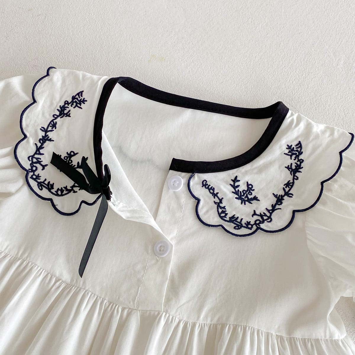 半袖ワンピース フラワー刺繍襟リボン半袖パフスリーブワンピース【mh0009771】