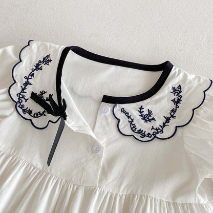 半袖ワンピース フラワー刺繍襟リボン半袖パフスリーブワンピース【mh0009771】