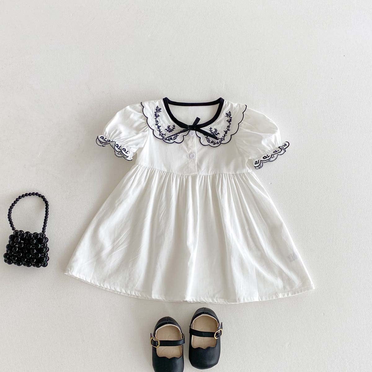 半袖ワンピース フラワー刺繍襟リボン半袖パフスリーブワンピース【mh0009771】