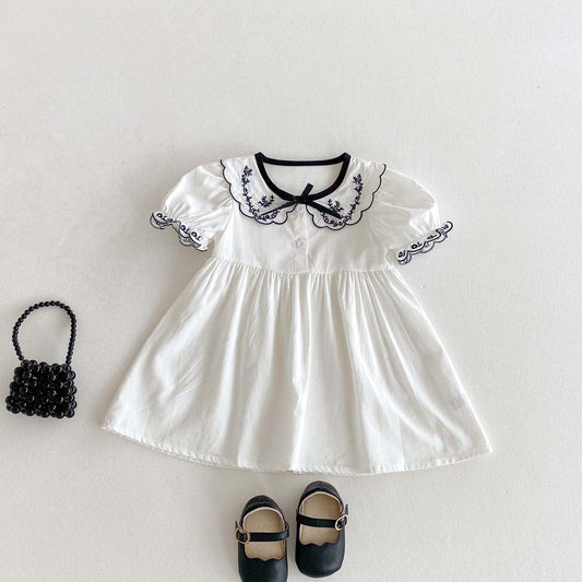 半袖ワンピース フラワー刺繍襟リボン半袖パフスリーブワンピース【mh0009771】