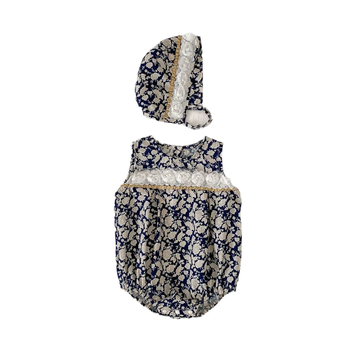 ノースリーブロンパース ローズ刺繍花柄ノースリーブロンパース+ボンネット帽子セット【mh0010166】