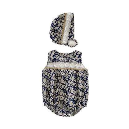 ノースリーブロンパース ローズ刺繍花柄ノースリーブロンパース+ボンネット帽子セット【mh0010166】