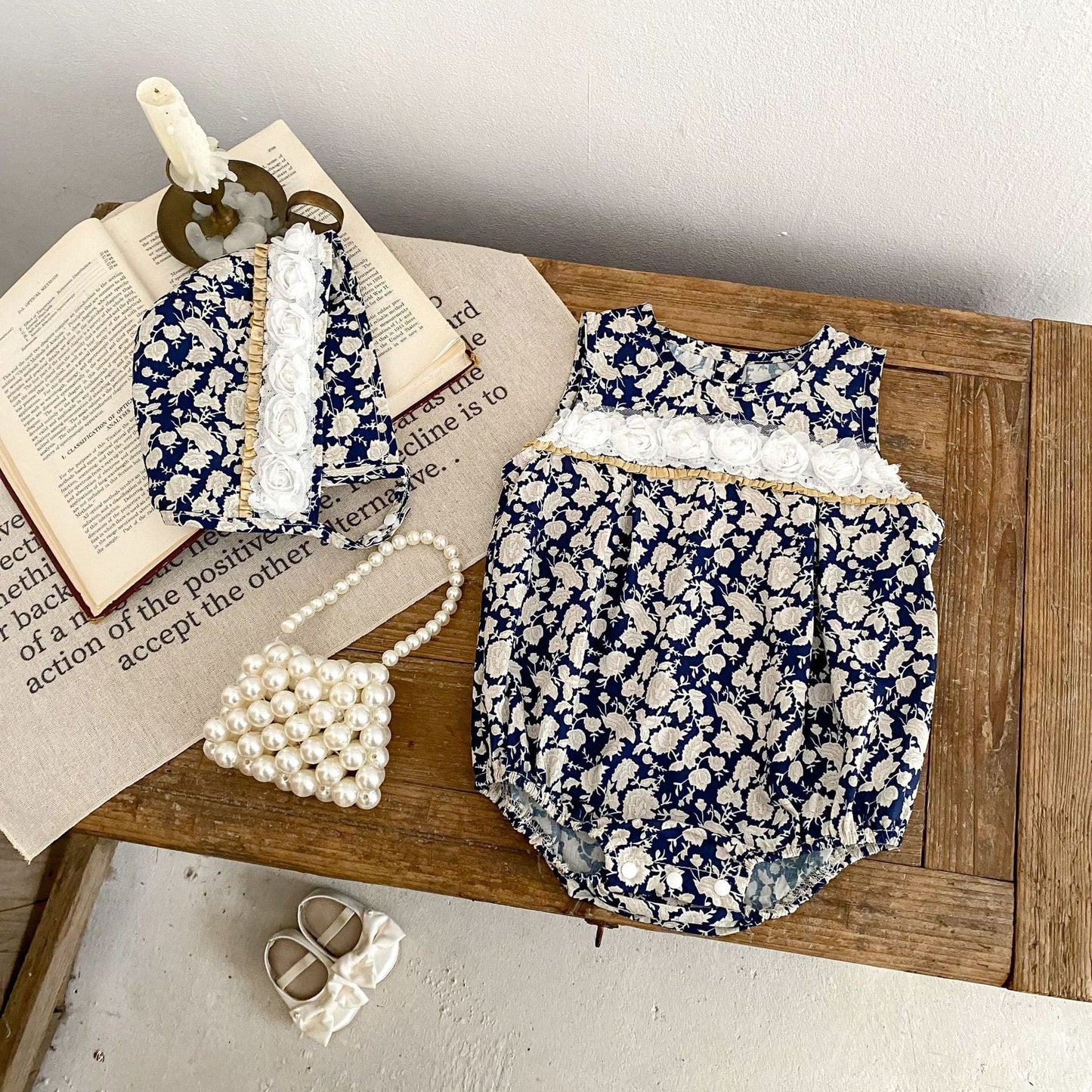 ノースリーブロンパース ローズ刺繍花柄ノースリーブロンパース+ボンネット帽子セット【mh0010166】