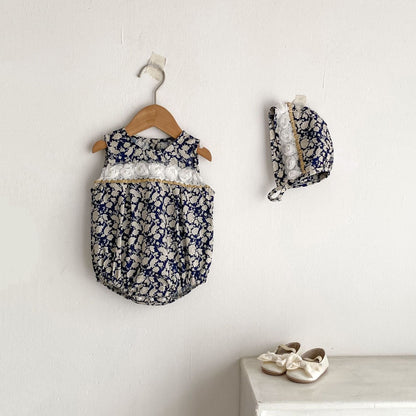 ノースリーブロンパース ローズ刺繍花柄ノースリーブロンパース+ボンネット帽子セット【mh0010166】
