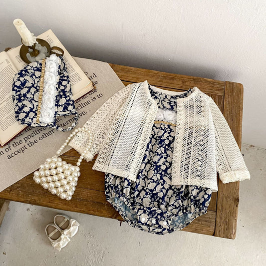 ノースリーブロンパース ローズ刺繍花柄ノースリーブロンパース+ボンネット帽子セット【mh0010166】