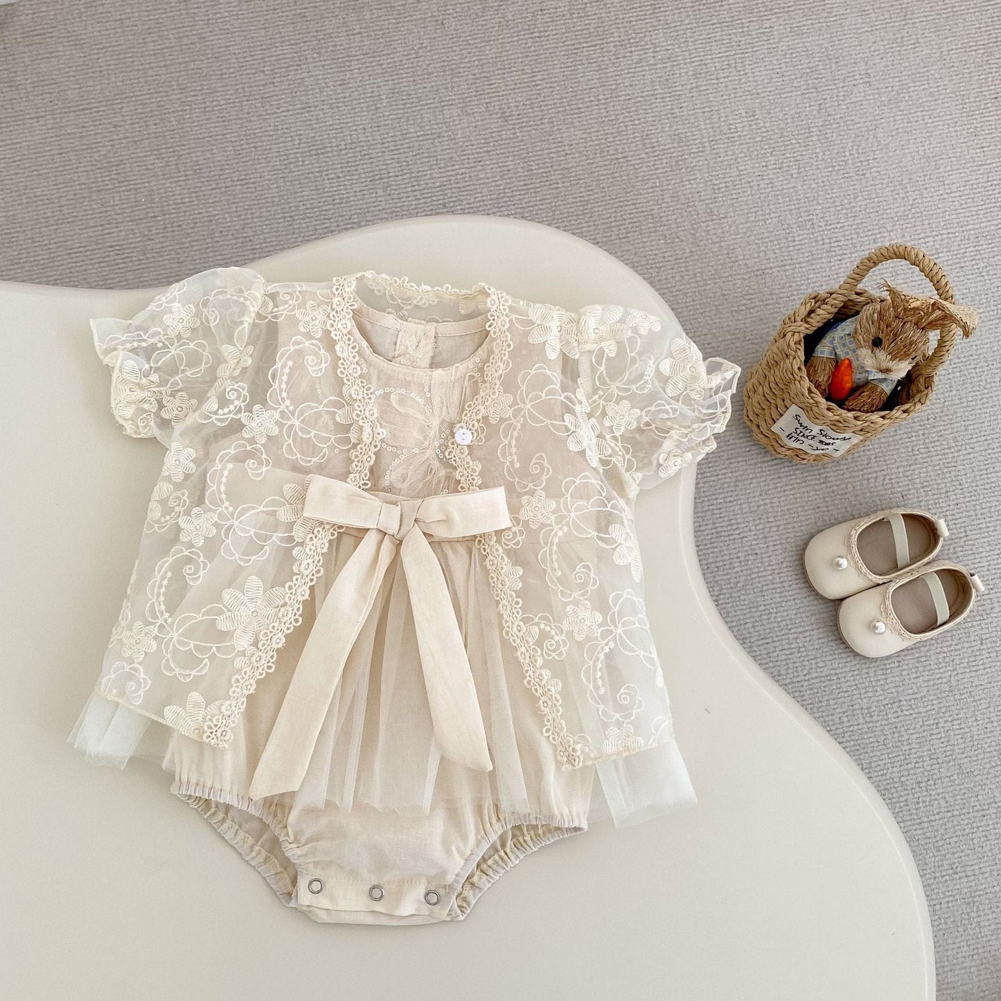 ノースリーブロンパース スパンコールフラワービッグリボンスカートドレスロンパース【mh0010168】