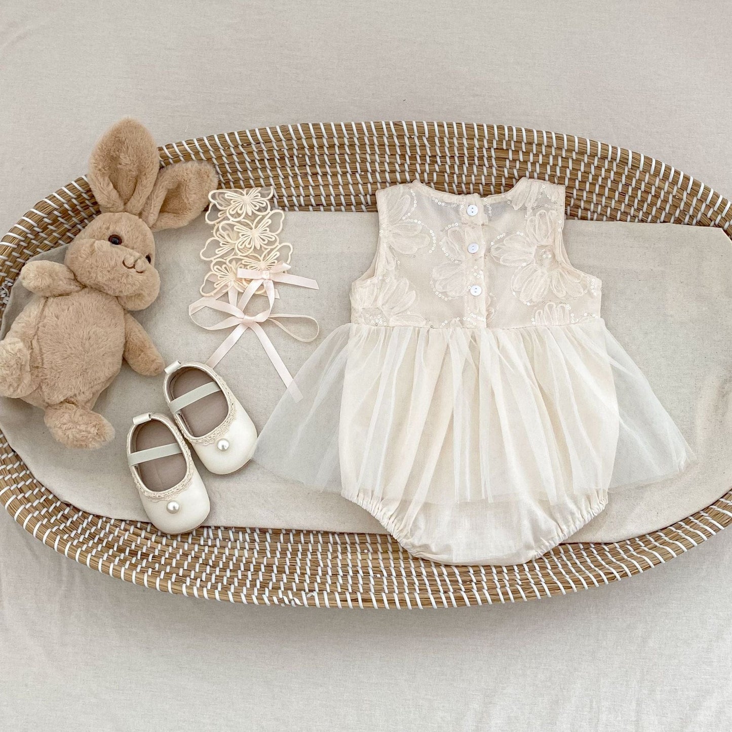 ノースリーブロンパース スパンコールフラワービッグリボンスカートドレスロンパース【mh0010168】