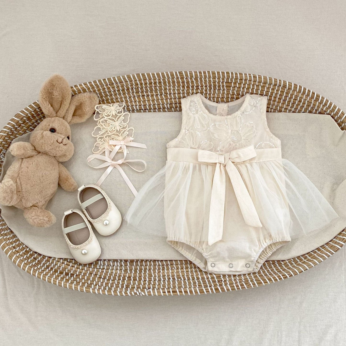 ノースリーブロンパース スパンコールフラワービッグリボンスカートドレスロンパース【mh0010168】