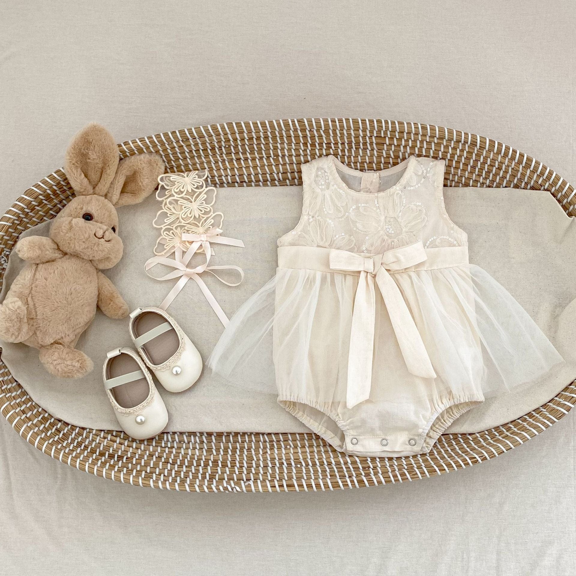 ノースリーブロンパース スパンコールフラワービッグリボンスカートドレスロンパース【mh0010168】