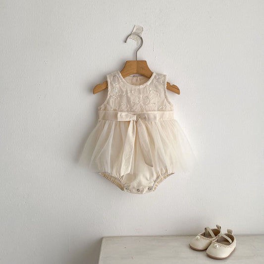 ノースリーブロンパース スパンコールフラワービッグリボンスカートドレスロンパース【mh0010168】