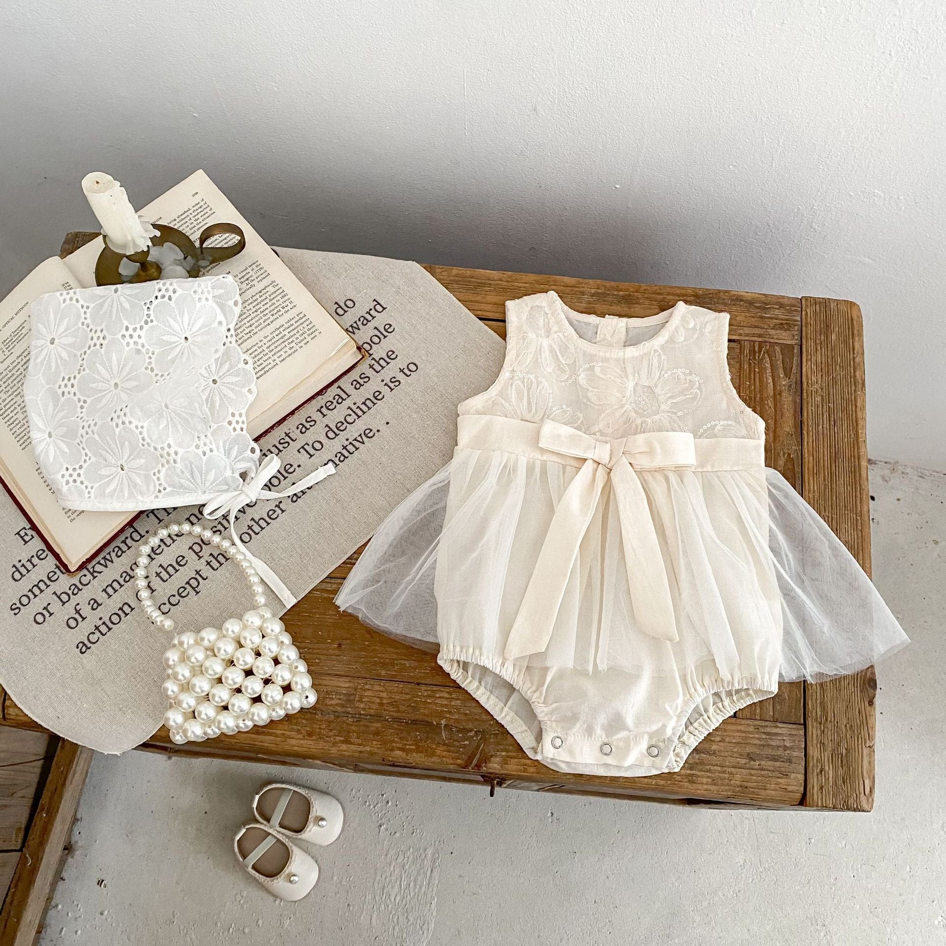 ノースリーブロンパース スパンコールフラワービッグリボンスカートドレスロンパース【mh0010168】