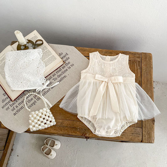 ノースリーブロンパース スパンコールフラワービッグリボンスカートドレスロンパース【mh0010168】