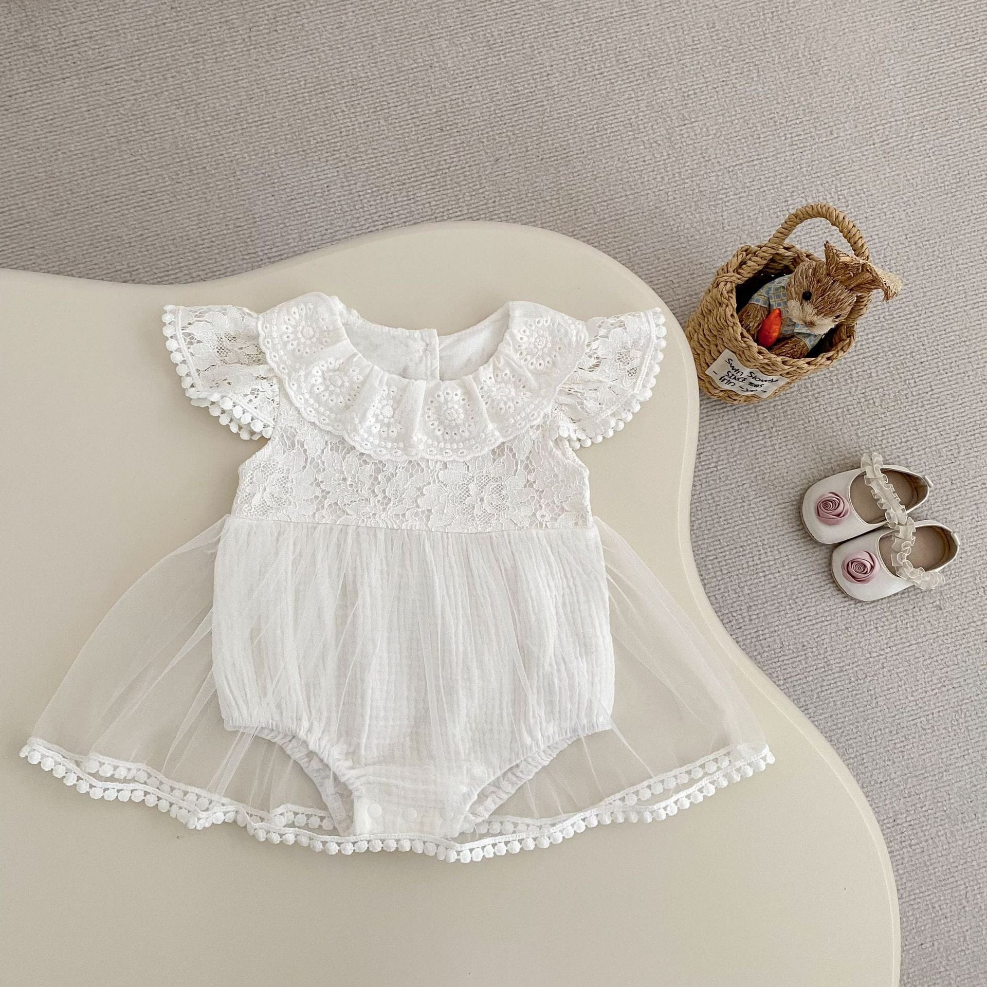 半袖ロンパース 刺繍フラワーレーススカートドッキングロンパース【mh0010170】