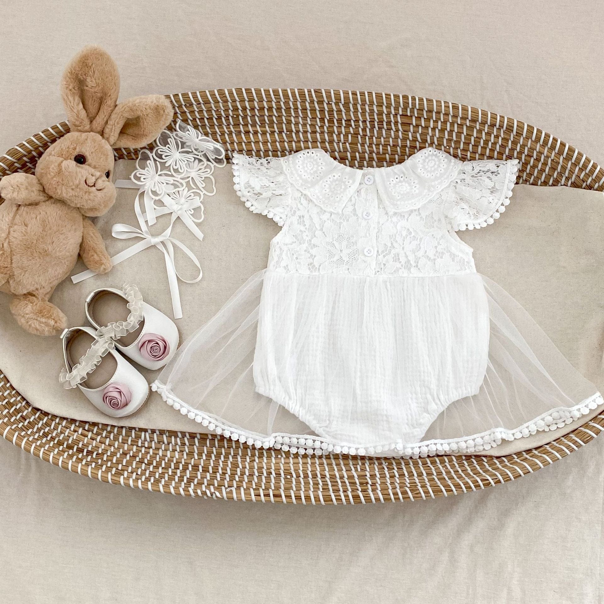 半袖ロンパース 刺繍フラワーレーススカートドッキングロンパース【mh0010170】