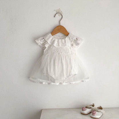 半袖ロンパース 刺繍フラワーレーススカートドッキングロンパース【mh0010170】