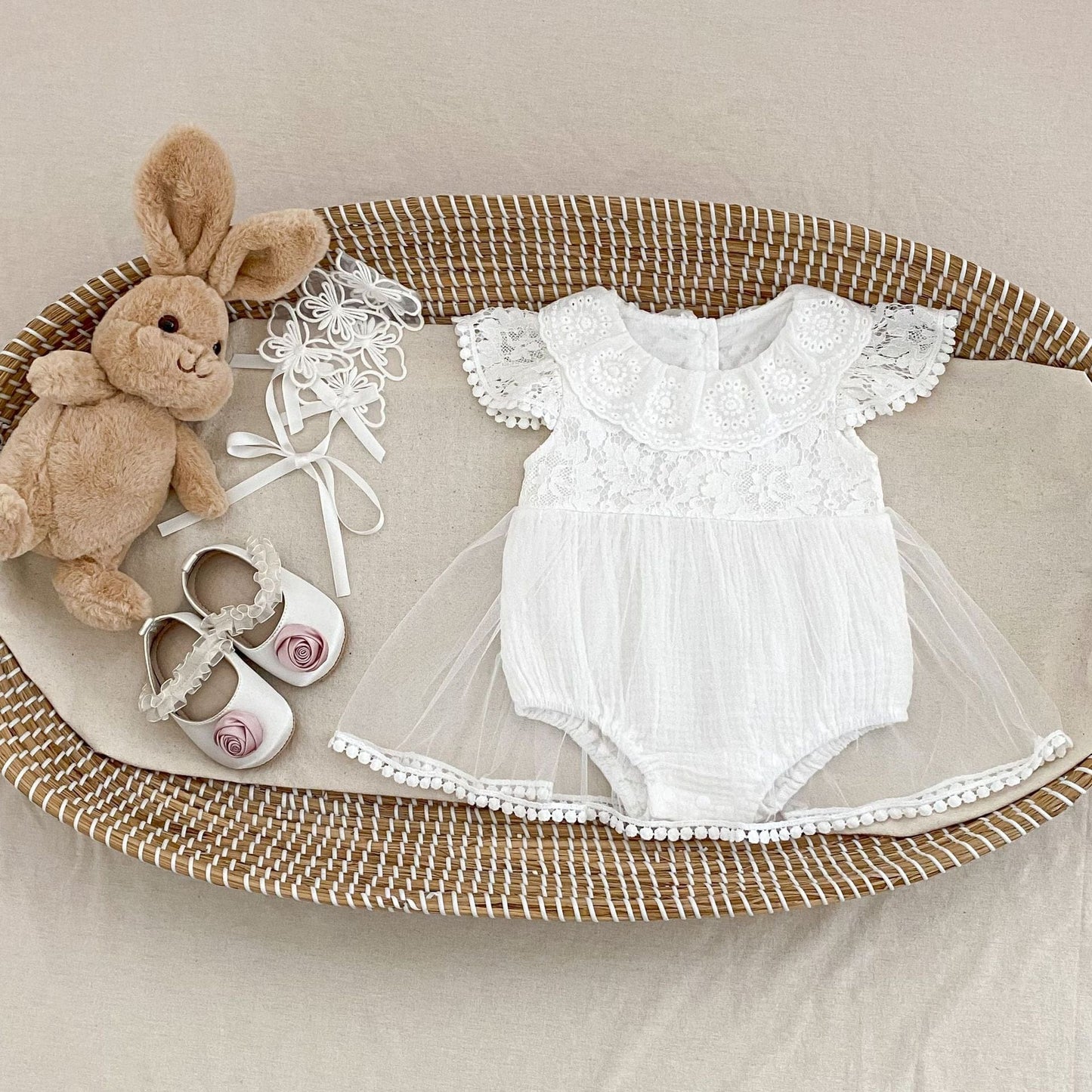 半袖ロンパース 刺繍フラワーレーススカートドッキングロンパース【mh0010170】