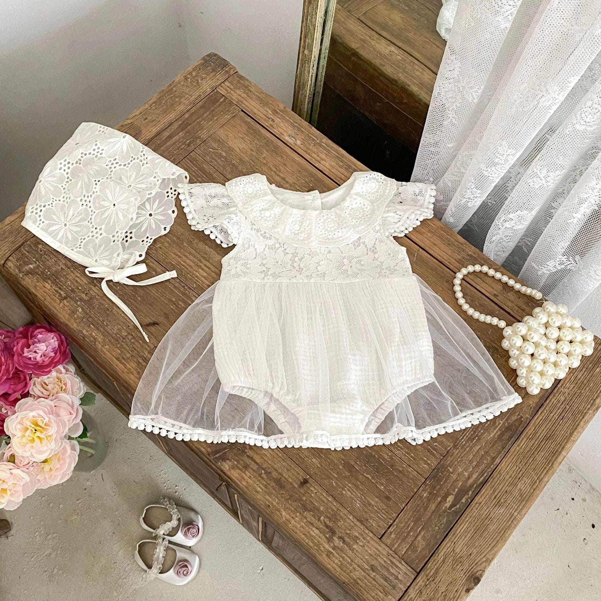 半袖ロンパース 刺繍フラワーレーススカートドッキングロンパース【mh0010170】