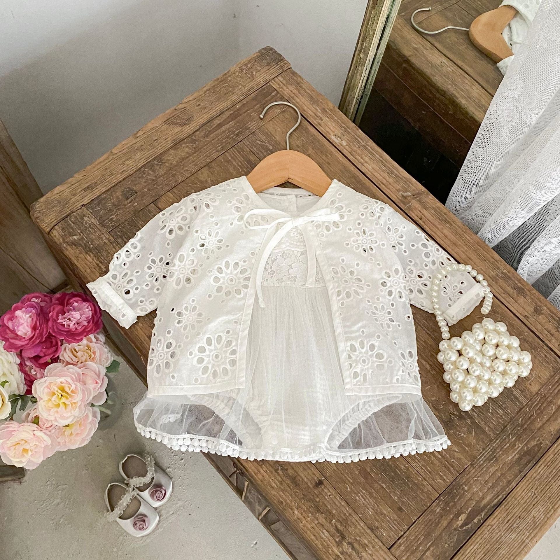 半袖ロンパース 刺繍フラワーレーススカートドッキングロンパース【mh0010170】