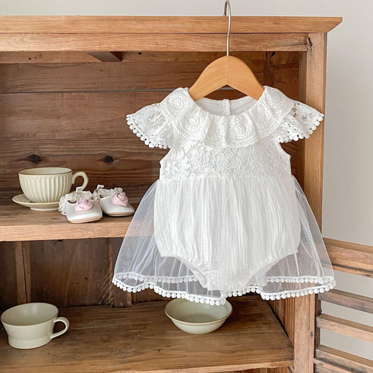 半袖ロンパース 刺繍フラワーレーススカートドッキングロンパース【mh0010170】