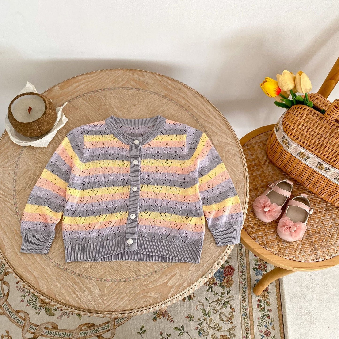 カーディガン・パーカー レインボーボーダーレースニットサマーカーディガン【mh0010171】